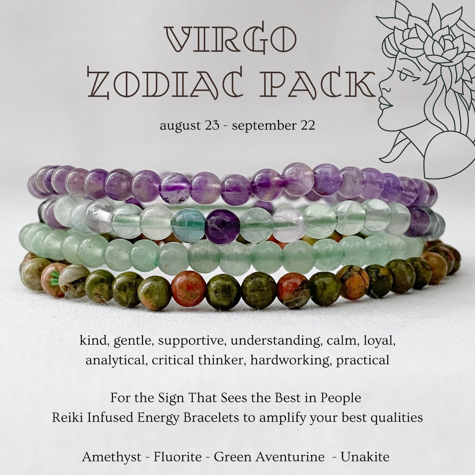 Virgo 2024 Zodiac Natural Energy Healing Gemstone Bracelet Set // Howlite, Moss Agate & Tourmalinated Quartz // Stretchy Elastic Bead Bracelet