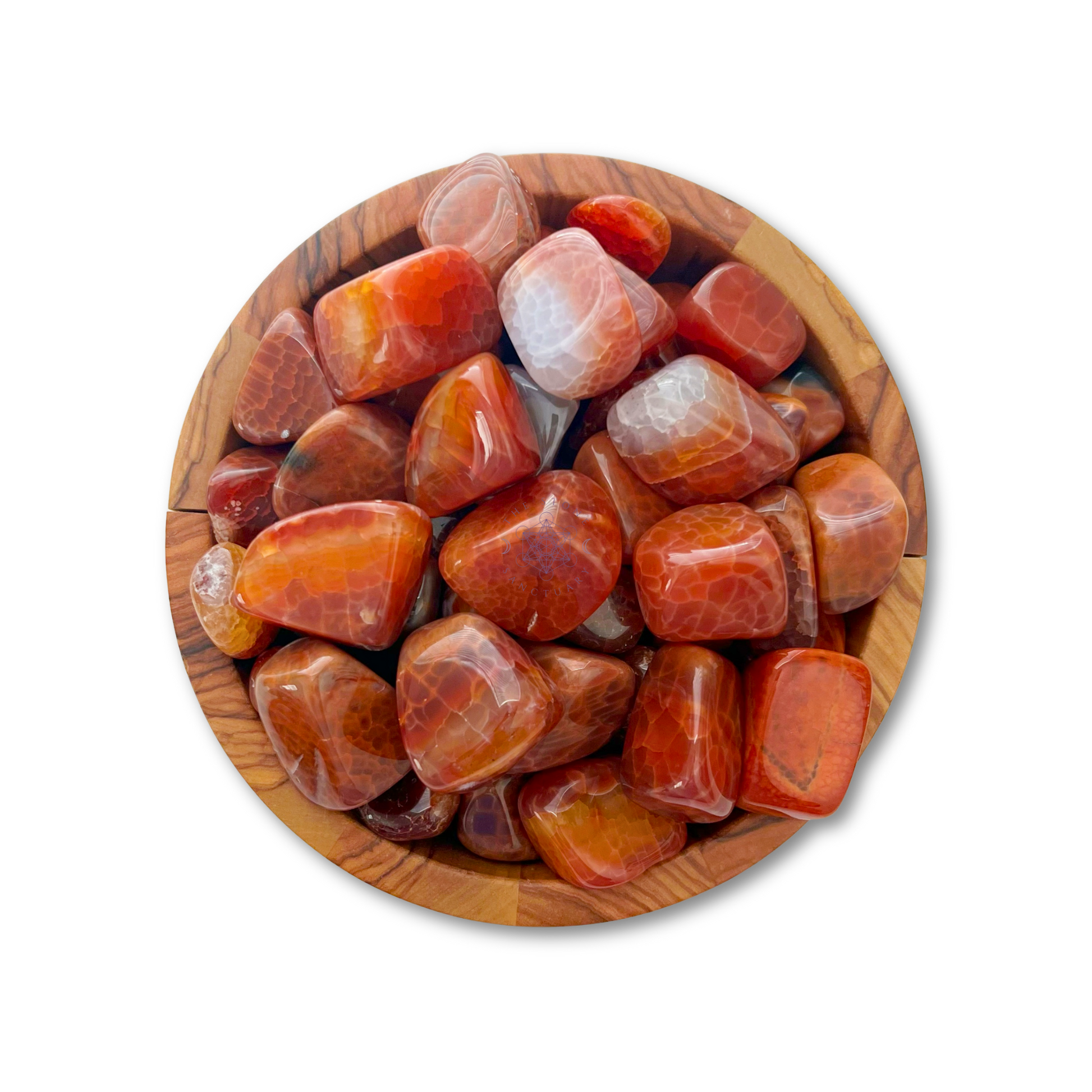 A round wooden bowl filled with Fire Agate Tumbled Stones, each displaying unique patterns and vibrant hues of red and orange. The glossy finish highlights their smooth surfaces and rich colors, while the protective stone's energy is believed to inspire courage against the neutral background.