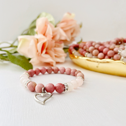 8mm Rhodonite & Rose Quartz Beaded Bracelet with Heart Charm