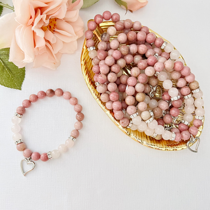 8mm Rhodonite & Rose Quartz Beaded Bracelet with Heart Charm