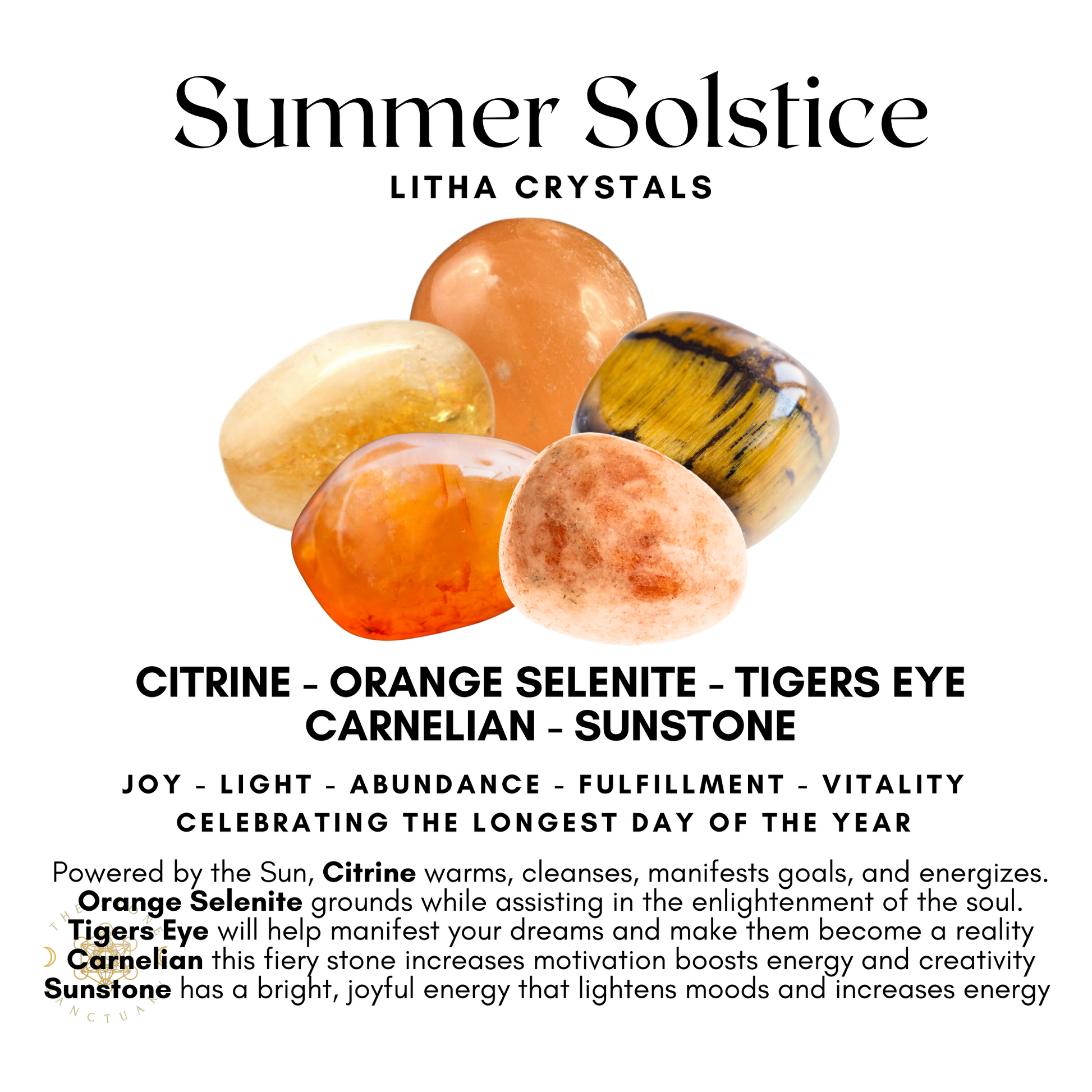 An image titled "Summer Solstice Litha Crystals" featuring five crystals: Citrine, Orange Selenite, Tigers Eye, Carnelian, and Sunstone. Below the crystals, descriptions highlight their properties such as joy, light, abundance, and fulfillment—perfect for a Summer Solstice Crystals Kit celebrating the longest day.