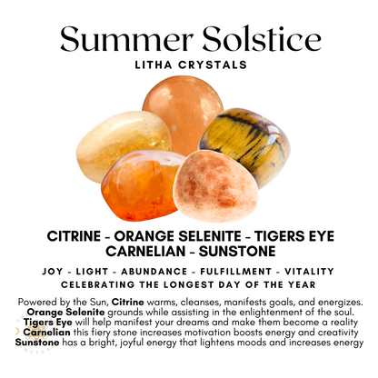 An image titled "Summer Solstice Litha Crystals" featuring five crystals: Citrine, Orange Selenite, Tigers Eye, Carnelian, and Sunstone. Below the crystals, descriptions highlight their properties such as joy, light, abundance, and fulfillment—perfect for a Summer Solstice Crystals Kit celebrating the longest day.