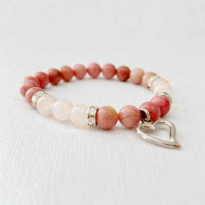 8mm Rhodonite & Rose Quartz Beaded Bracelet with Heart Charm