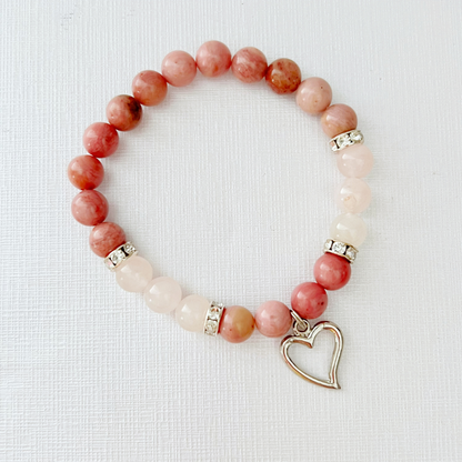 8mm Rhodonite & Rose Quartz Beaded Bracelet with Heart Charm