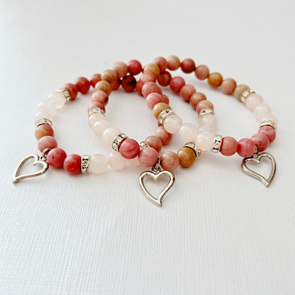 8mm Rhodonite & Rose Quartz Beaded Bracelet with Heart Charm