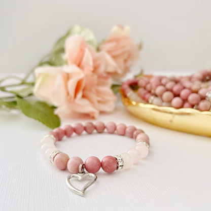 8mm Rhodonite & Rose Quartz Beaded Bracelet with Heart Charm