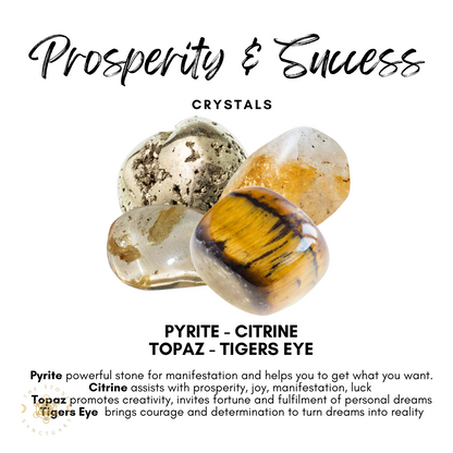 An image titled "Prosperity & Success Crystal Kit" shows four stones: pyrite, citrine, topaz, and tiger's eye. Text descriptions highlight their metaphysical properties: pyrite for manifestation, citrine for prosperity, topaz for creativity, and tiger's eye for courage—ideal crystals for prosperity and reiki energy work.