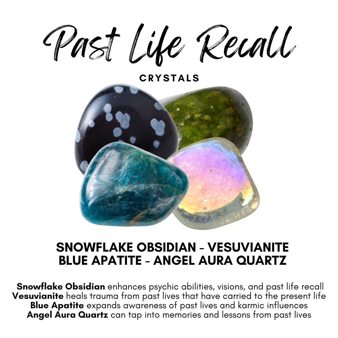 An image with the title "Past Life Recall Crystal Kit" at the top. Below are four crystals: Snowflake Obsidian, Vesuvianite, Blue Apatite, and Angel Aura Quartz. Each has associated text about its properties for enhancing psychic abilities, healing past life trauma, and more.