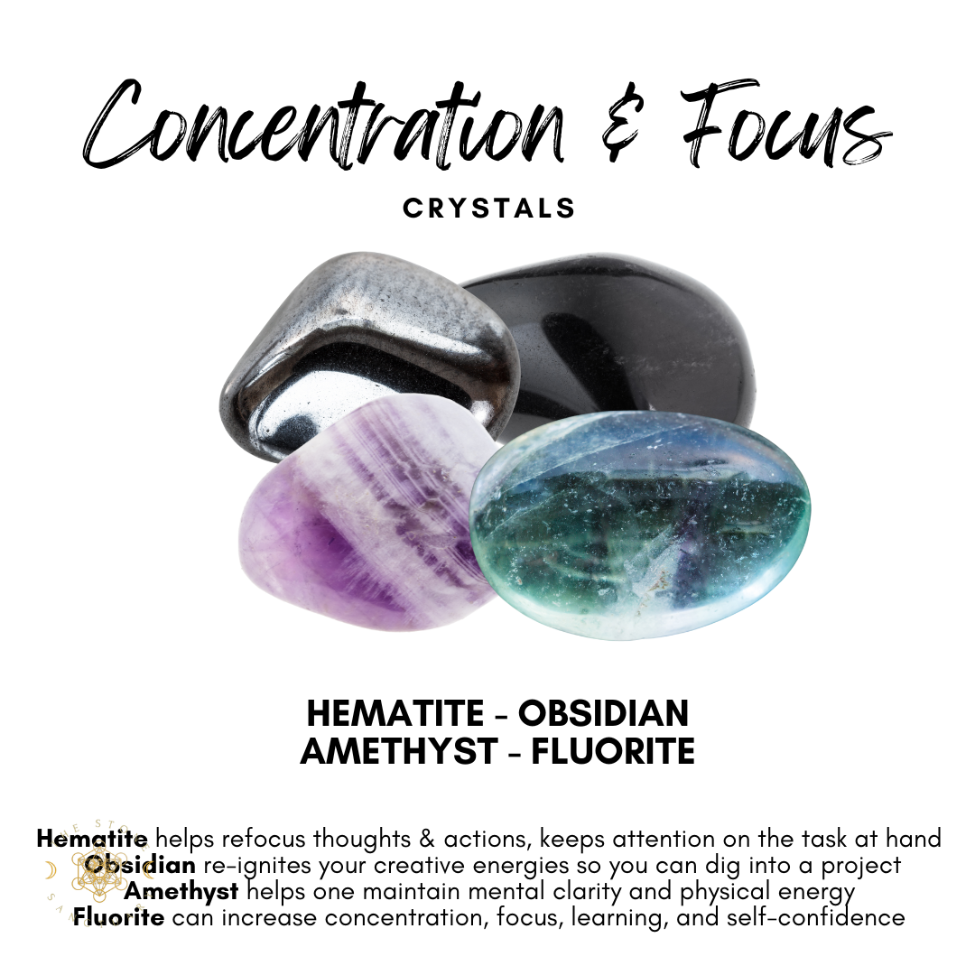 Image of three different crystals: hematite (metallic grey/black), obsidian (black), and a combined amethyst-fluorite (purple and green). Text at the top reads "Concentration & Focus Crystal Kit." Below, descriptions detail the benefits of each crystal.