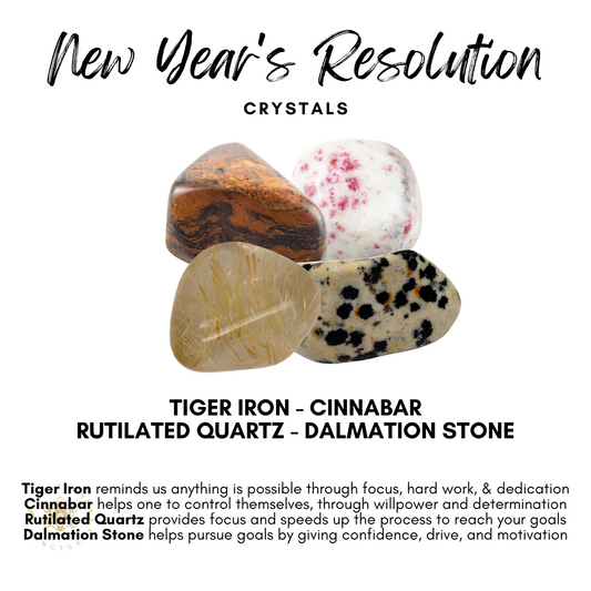 Image of four crystals with the text "New Year's Resolution Crystal Kit" above. The crystals are labeled as Tiger Iron, Cinnabar, Rutilated Quartz, and Dalmatian Stone. Descriptions of each crystal's attributes and benefits in relation to New Year's resolutions are provided below, creating a powerful Usui Reiki Energy crystal kit.