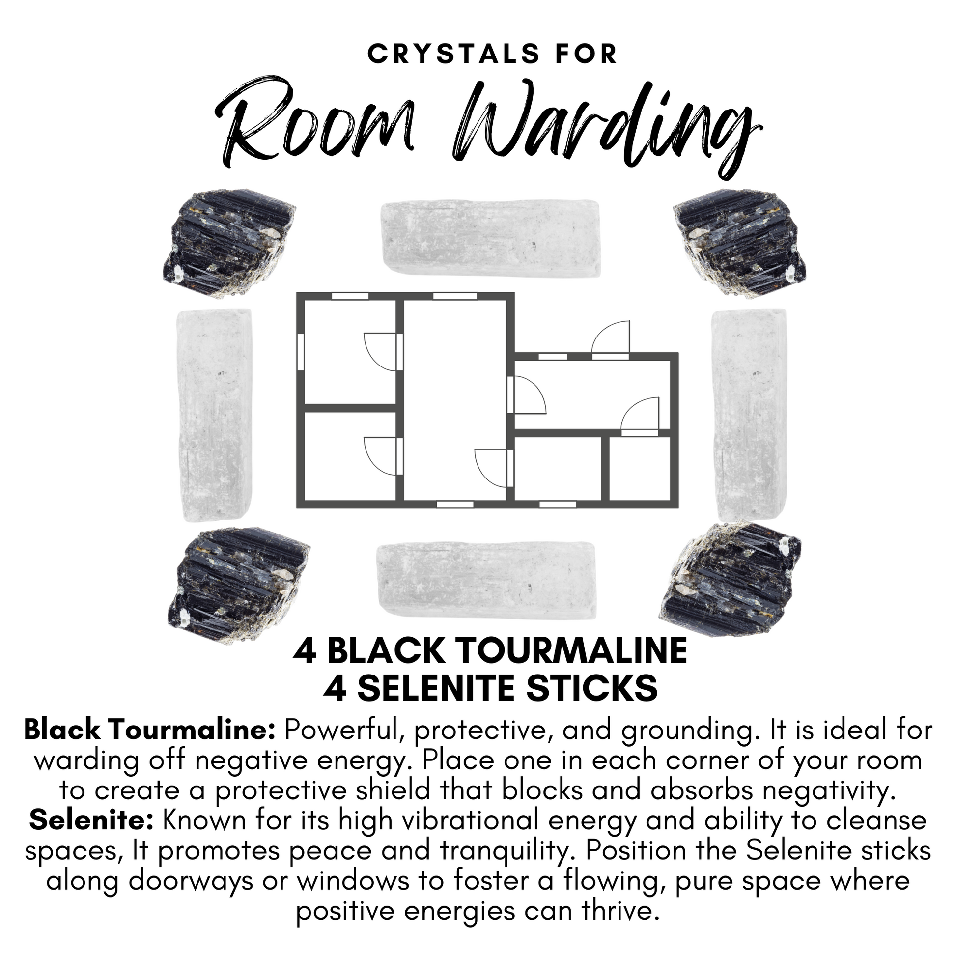 Diagram of Room Warding Crystal Kit: Layout includes four black tourmalines at corners and four selenite sticks at doors and windows. Black Tourmaline blocks negativity, while Selenite promotes peace and energy flow.