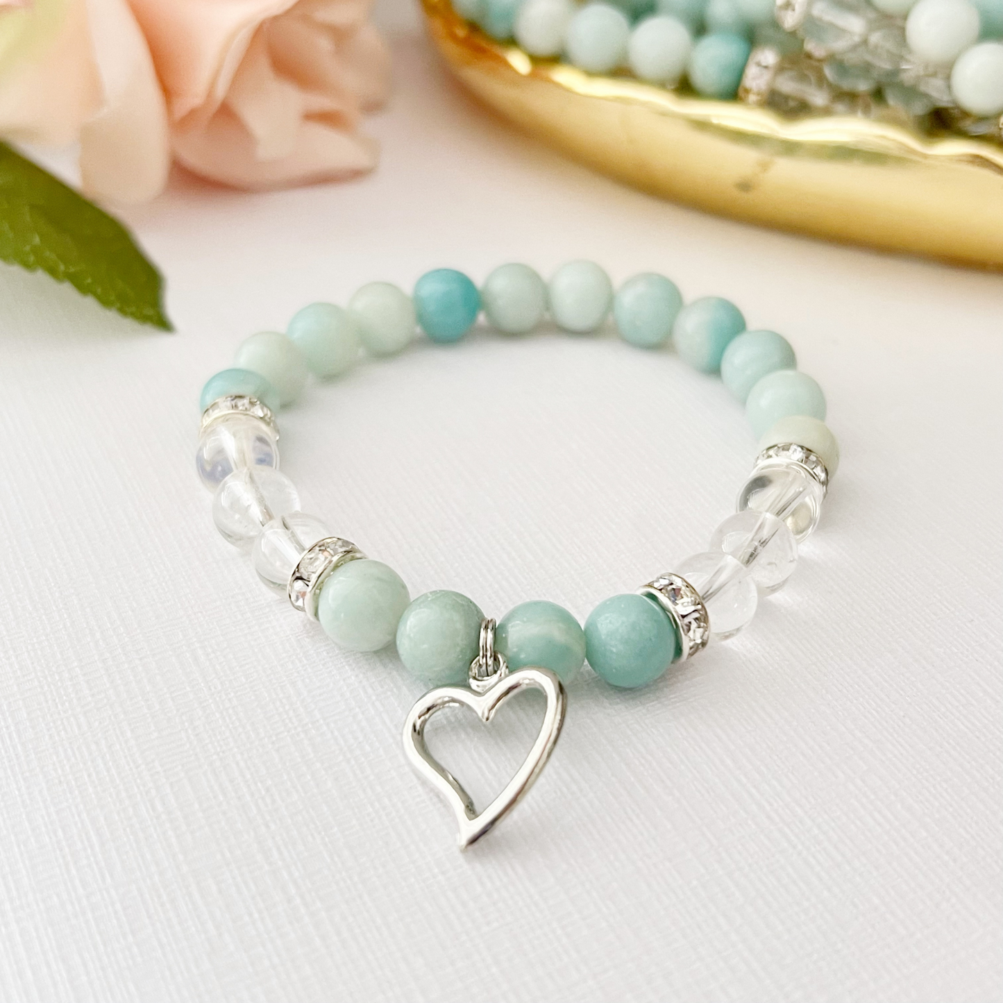 8mm Amazonite Beaded Bracelet with Silver Heart Charm