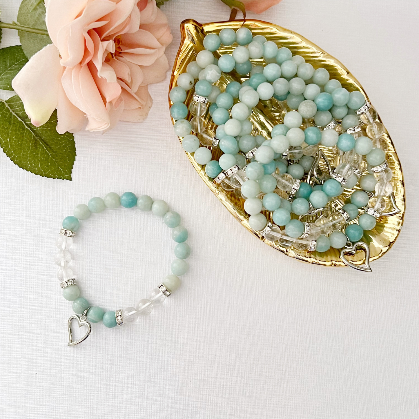 8mm Amazonite Beaded Bracelet with Silver Heart Charm