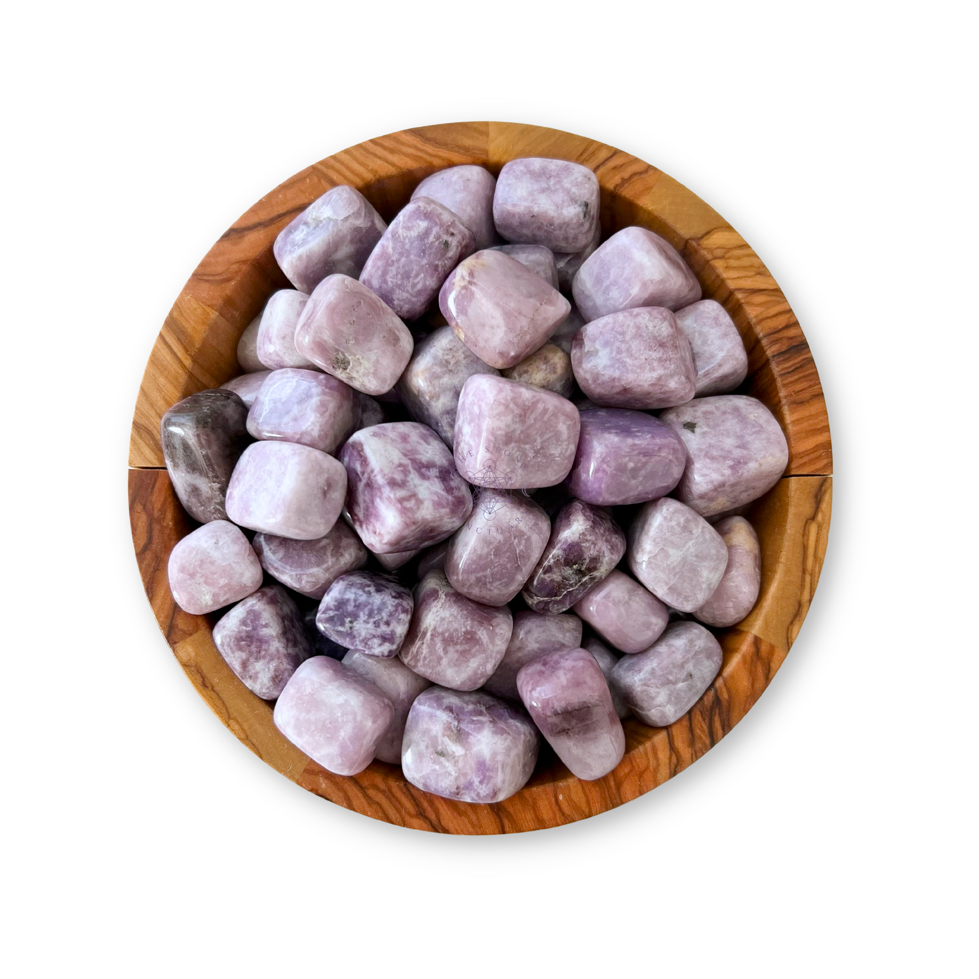 A wooden bowl filled with polished, smooth Lepidolite Tumbled Stones sits against a white background. The stones vary slightly in shade, with some appearing more lavender while others have deeper purple hues, perfect for emotional soothing and aiding in astral travel.