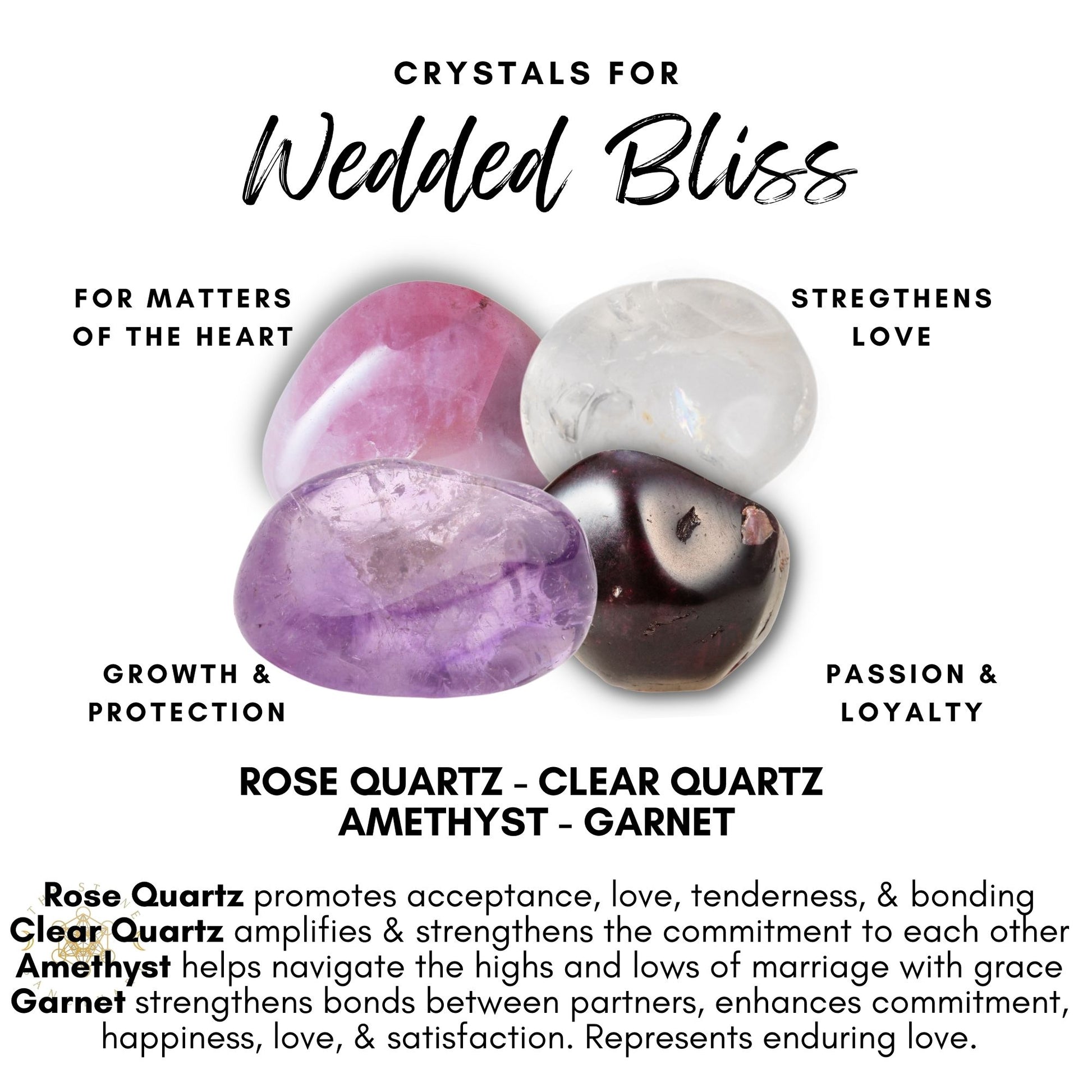 An image with the title "Crystals for Wedded Bliss" showcases the Wedding Bliss Crystal Kit: Rose Quartz, Clear Quartz, Amethyst, and Garnet. Each crystal comes with a description detailing its properties in relation to love, marriage, and personal bonding.