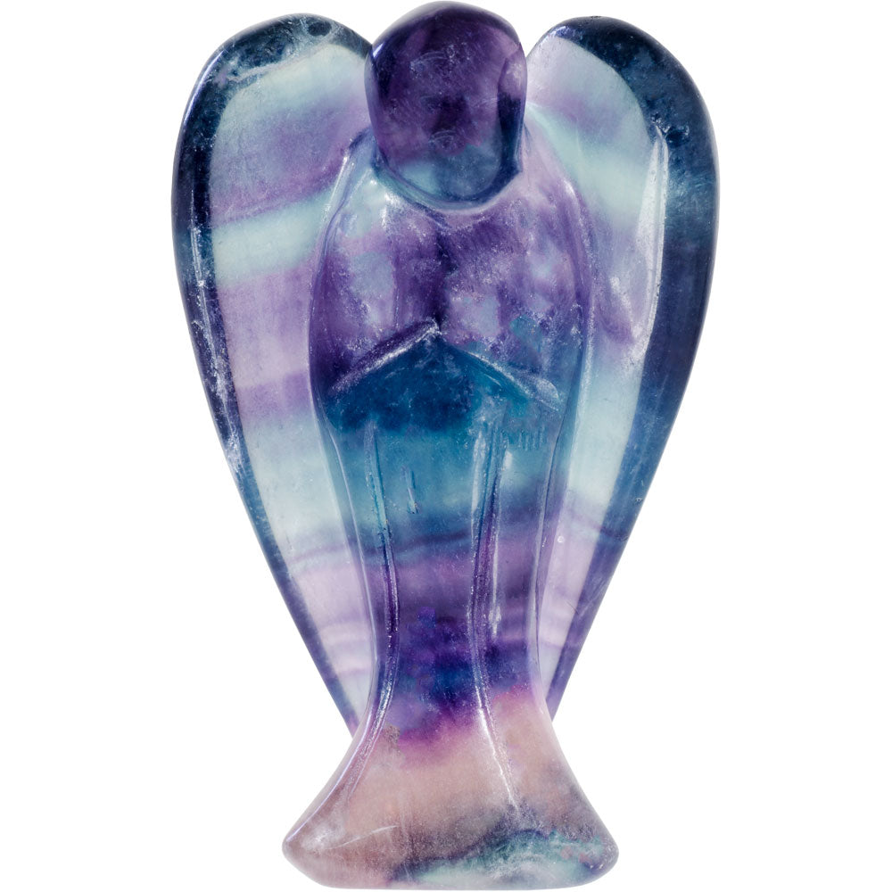 A polished, multicolored stone carving of an angel stands upright. This 1.5" Mini Rainbow Fluorite Crystal Angel features a blend of purple, blue, and white hues with outstretched wings and a serene, abstract form, designed to neutralize negative energy and harness Reiki healing properties.