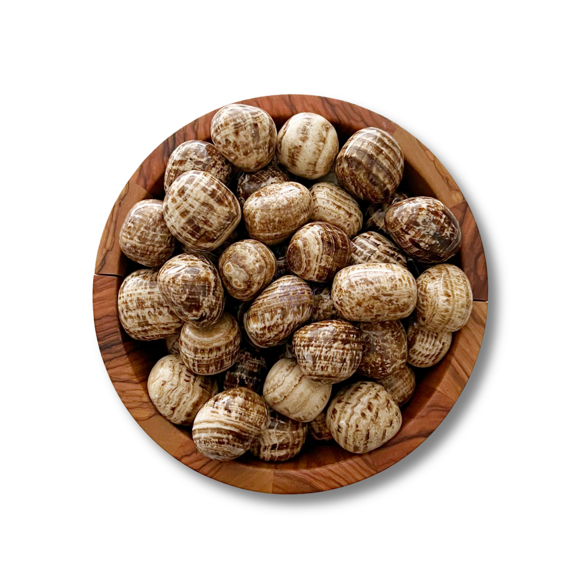 A wooden bowl filled with polished, brown and tan variegated Aragonite Tumbled Stones. The smooth, round stones display unique patterns, enhancing a natural and earthy aesthetic. Known for grounding spiritual development and stress relief, these stones rest elegantly against a plain white background.