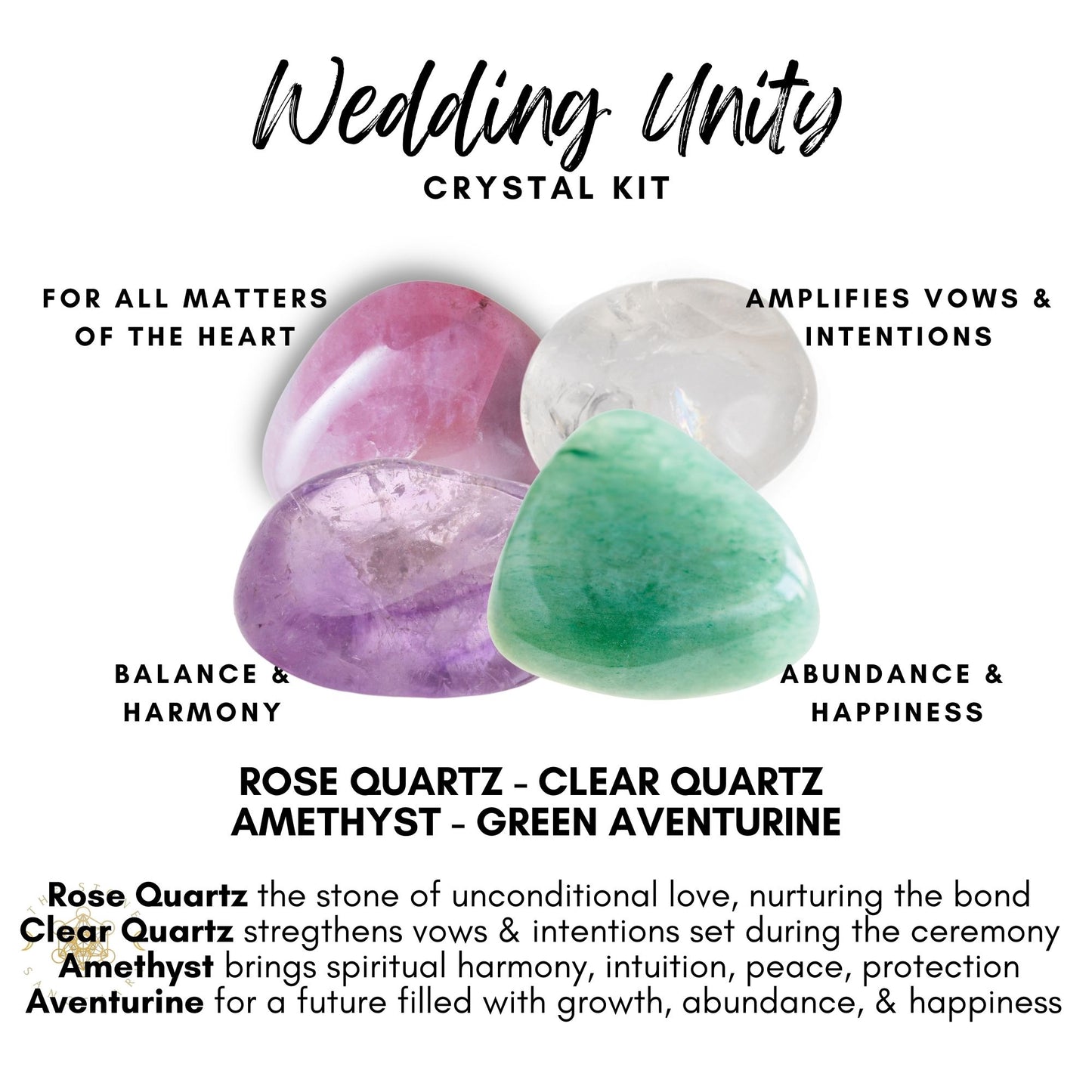 An image titled "Wedding Unity Crystal Kit" features a symbolic four-stone set: Rose Quartz (for all matters of the heart), Clear Quartz (amplifies vows & intentions), Amethyst (balance & harmony), and Green Aventurine (abundance & happiness). Descriptions of each stone are also provided.