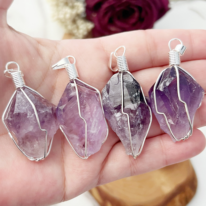 1" Wire Wrapped Raw Amethyst Crystal Point Pendant