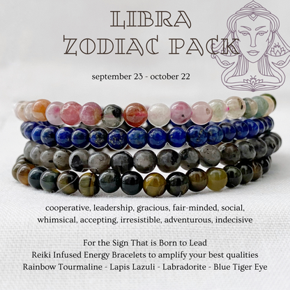 Image of multiple bracelets made of various gemstones stacked on top of each other. The text reads: "Libra Zodiac Bracelet Set - September 23 - October 22. For the sign that is born to lead." Featuring Reiki Infused gemstone bracelets to amplify your best qualities: Rainbow Tourmaline, Lapis Lazuli, Labradorite, Blue Tiger Eye. A simple line drawing of a woman's face is