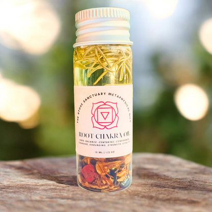 A petite clear bottle, labeled "Root Chakra Oil," is filled with dried herbs and delicate flowers. Featuring a white cap, the bottle is set against a backdrop of lush green foliage, crafting a natural and serene scene that inspires feelings of grounding and stability.