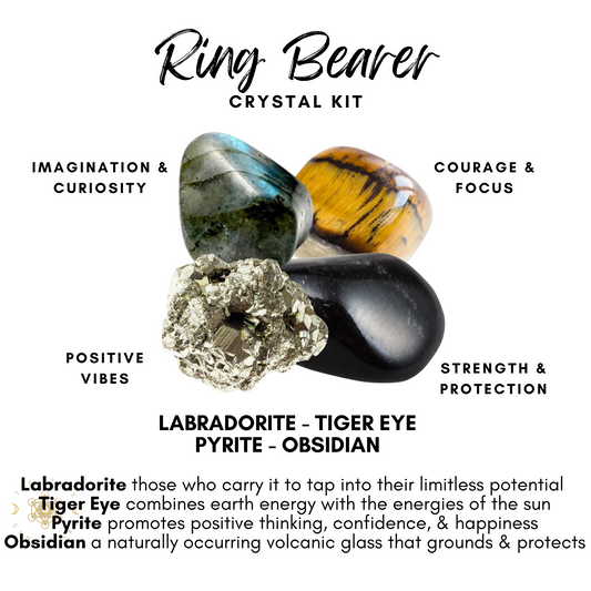 A Ring Bearer Crystal Kit featuring four natural stones: labradorite, tiger eye, pyrite, and obsidian. Descriptions mention labradorite for imagination, tiger eye for courage, pyrite for confidence, and obsidian for protection—perfect as a unique wedding gift.