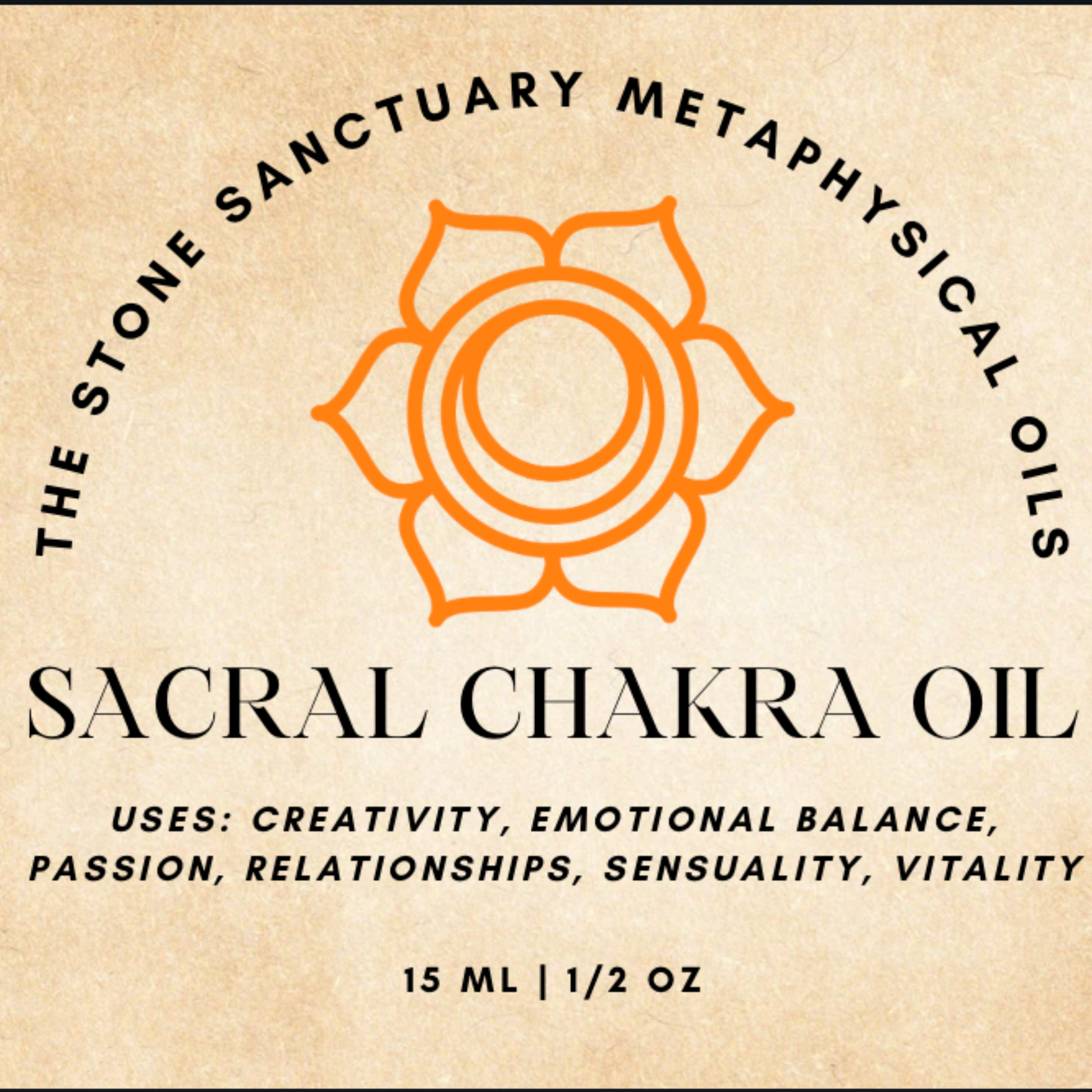 A small glass bottle of Sacral Chakra Oil with yellow liquid and tiny crystals bears a label featuring a geometric symbol and listing benefits like enhanced creativity, emotional balance, and improved relationships. The bottle is nestled amid green succulent plants.