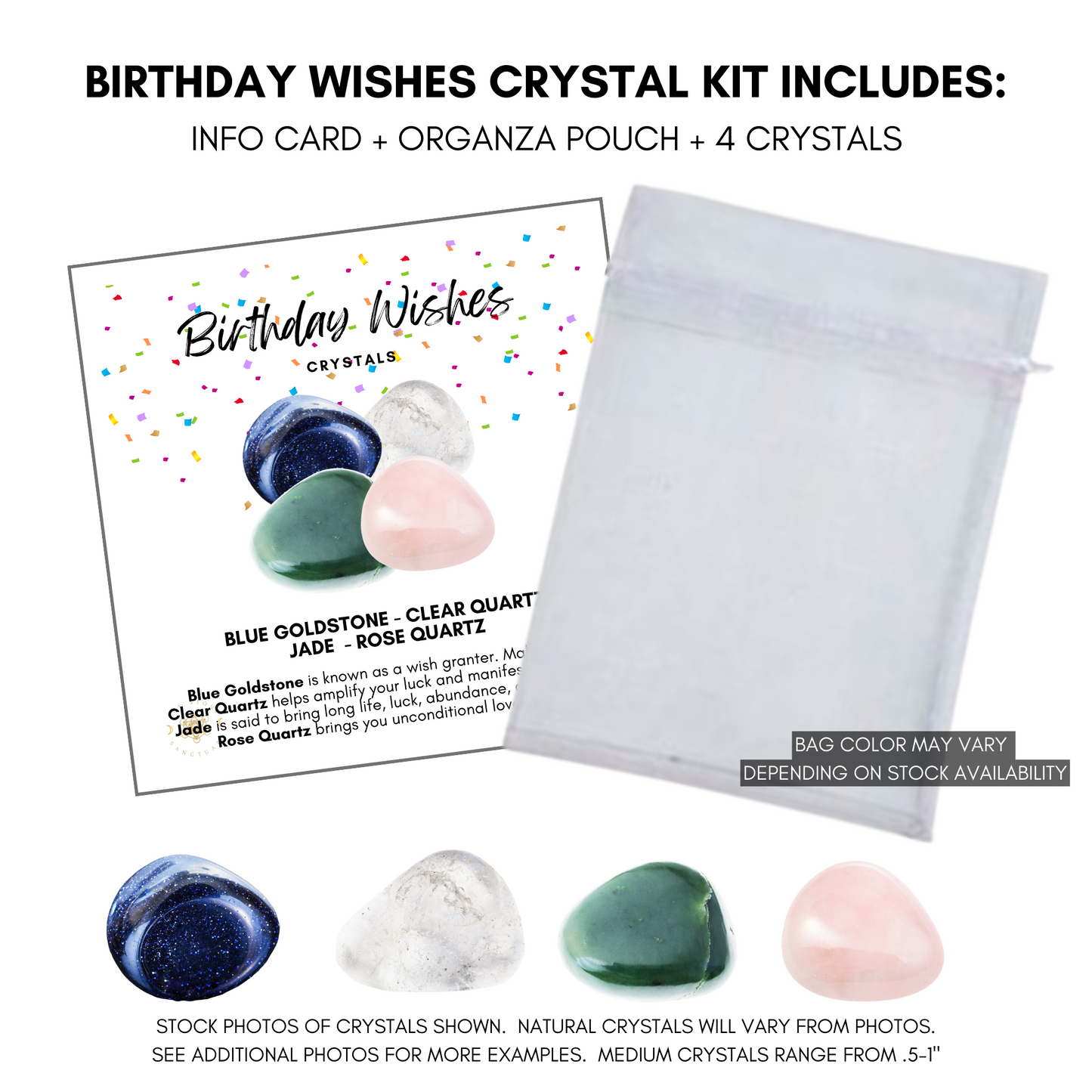 A festive image features the text "Happy Birthday Crystal Kit" at the top, surrounded by colorful confetti. Below are four healing crystals: blue goldstone, clear quartz, jade, and rose quartz. Each is described with its unique benefits, including luck, love, prosperity, and good fortune.