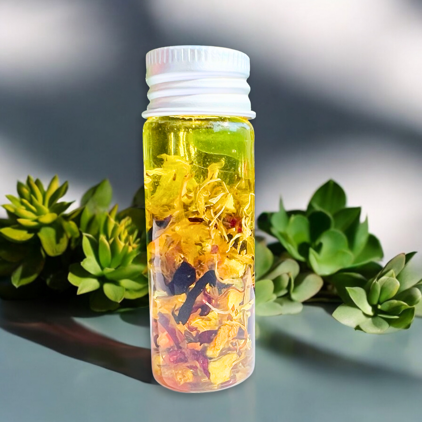 A small glass bottle of Sacral Chakra Oil with yellow liquid and tiny crystals bears a label featuring a geometric symbol and listing benefits like enhanced creativity, emotional balance, and improved relationships. The bottle is nestled amid green succulent plants.