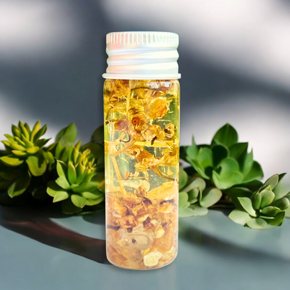 A small bottle of Solar Plexus Chakra Oil rests among succulent plants. The bottle holds yellow liquid infused with floating herbs and flowers. Its label features a yellow-chakra symbol along with the product's name, highlighting its benefits for promoting self-empowerment and confidence.