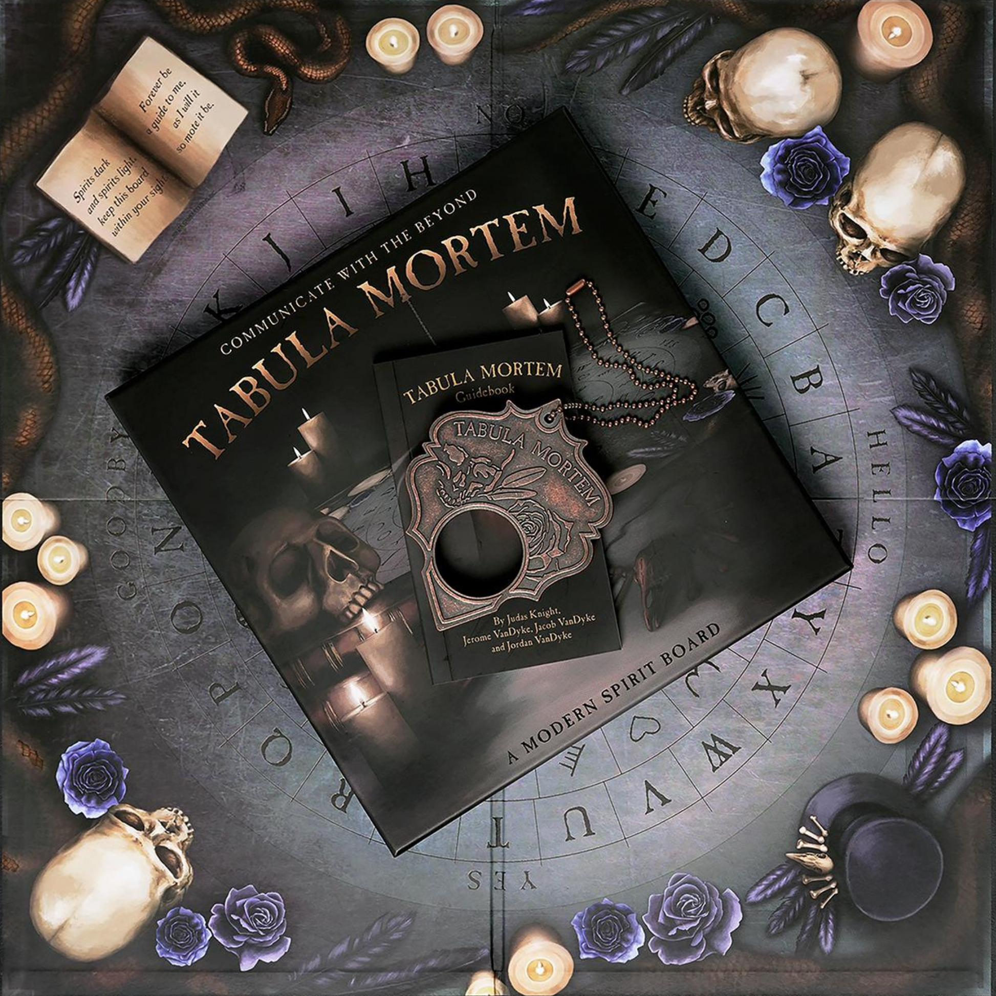 A modern spirit board set titled "Tabula Mortem: A Modern Spirit Board" is displayed, featuring a planchette and decorated with candles, skulls, a rose, and esoteric symbols. The board lies on a mystical background with an alphabet wheel, symbolic cave runes, and an unreadable ancient scroll.