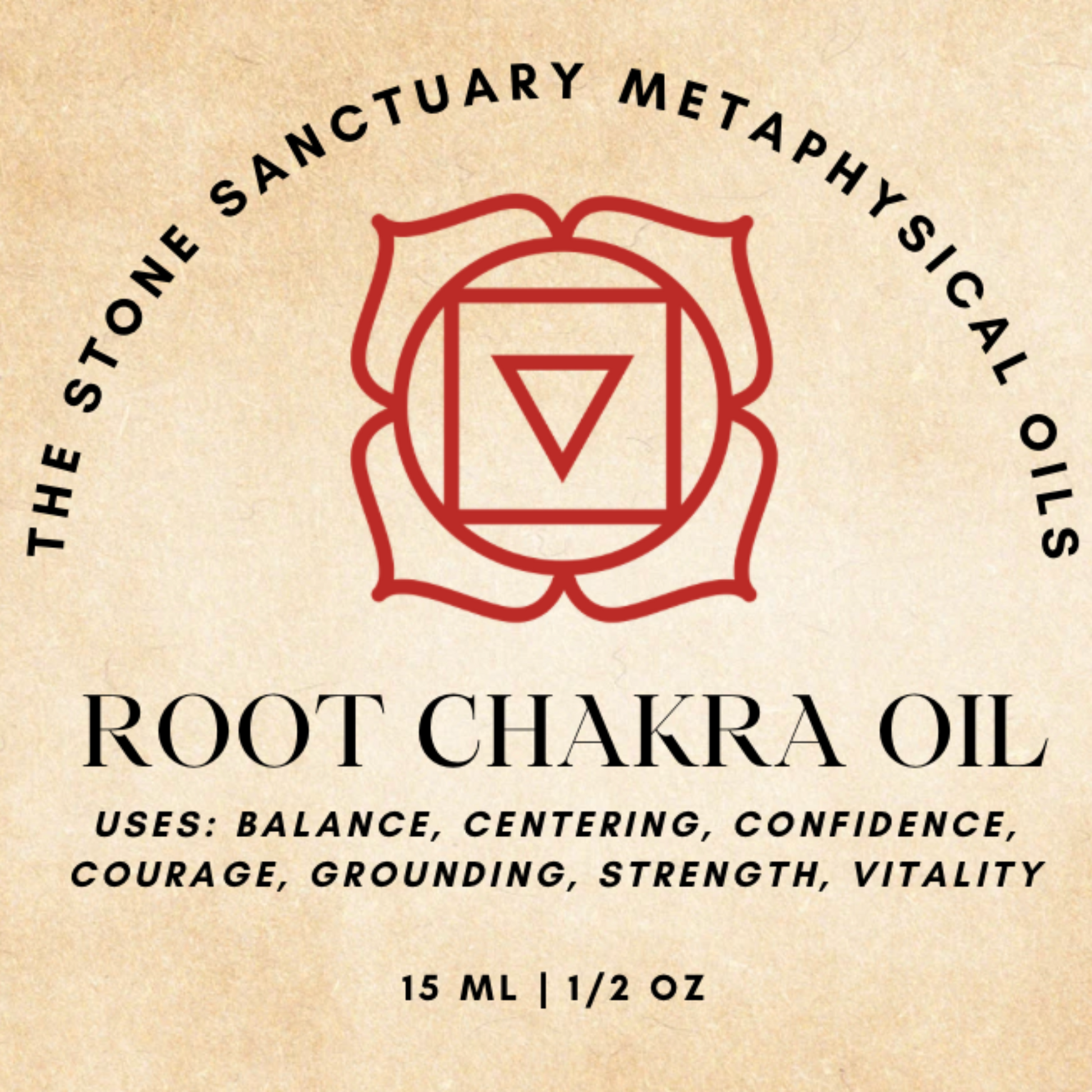 A petite clear bottle, labeled "Root Chakra Oil," is filled with dried herbs and delicate flowers. Featuring a white cap, the bottle is set against a backdrop of lush green foliage, crafting a natural and serene scene that inspires feelings of grounding and stability.