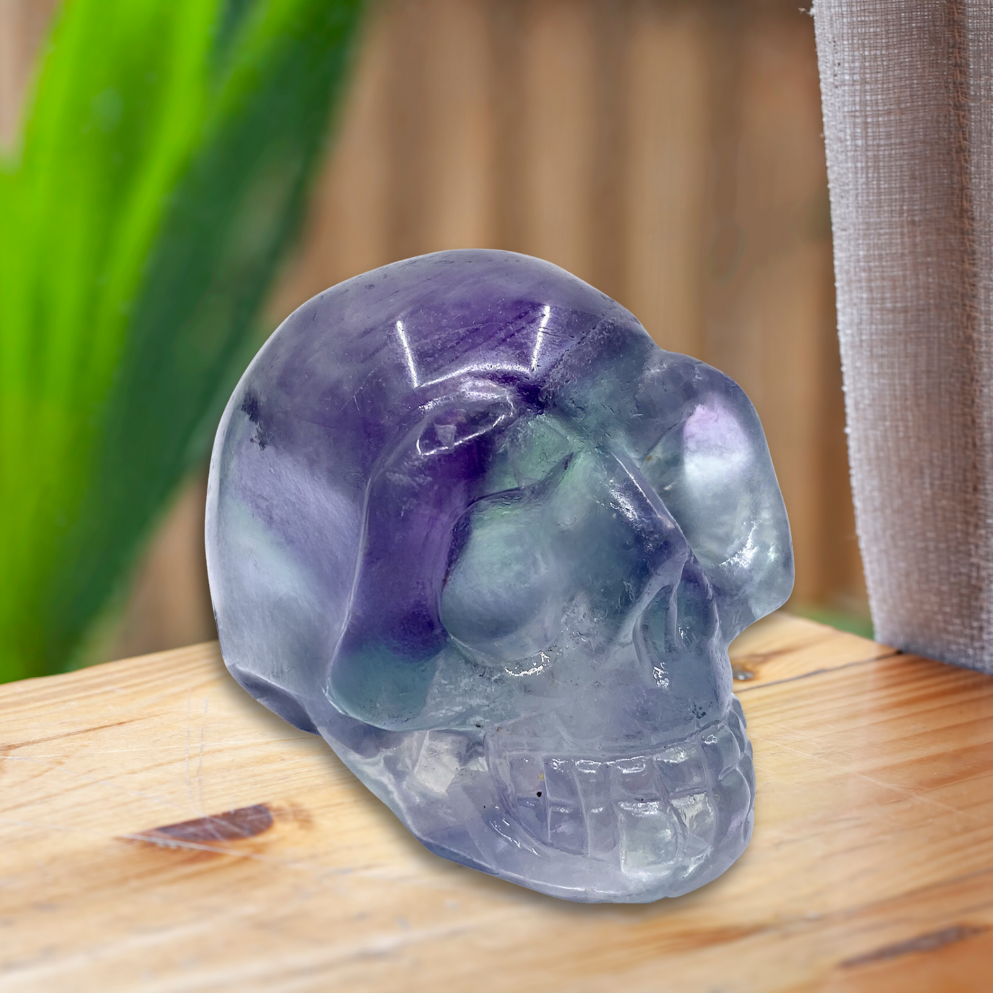 A polished, translucent 2" Rainbow Fluorite Crystal Skull with hues of purple and clear sits on a wooden surface. In the background, there's a green plant and a partially visible beige curtain, with an outdoor fence softly blurred in the distance.