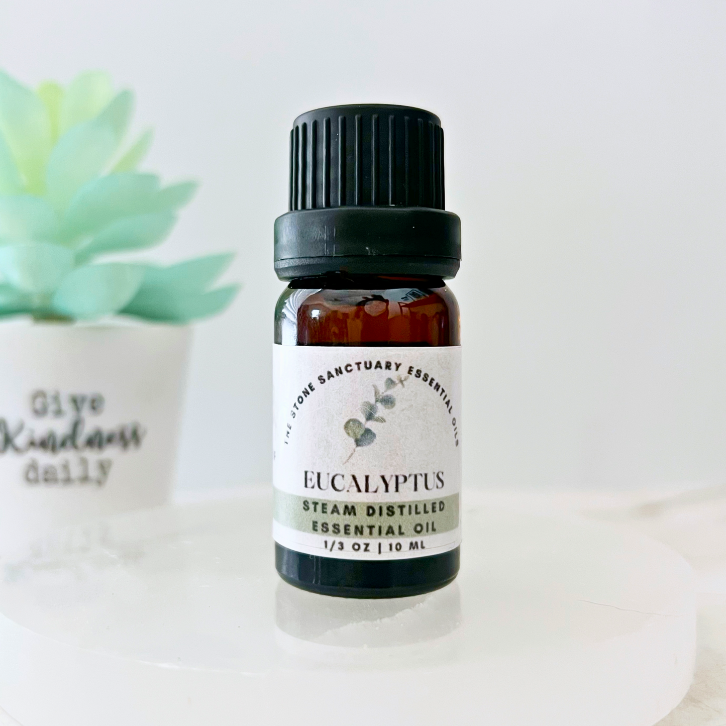 A small brown bottle labeled "Eucalyptus Essential Oil" rests on a white surface. The premium quality bottle contains 10 ml of oil. In the background, a potted succulent plant and a mug with the text "Give kindness daily" are partially visible.