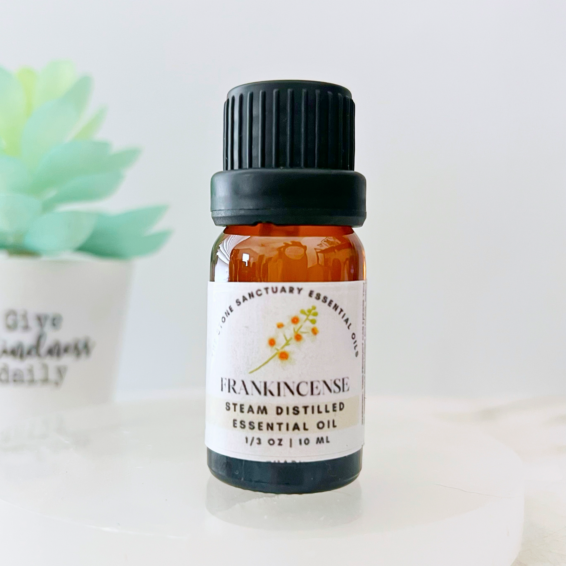 A small amber bottle labeled "Frankincense Essential Oil" rests on a white surface. Behind it, a blurred succulent plant in a white pot partially reveals the text, "Give… daily." The bottle is capped with black and features a white label, highlighting its Boswellia Serrata origins.