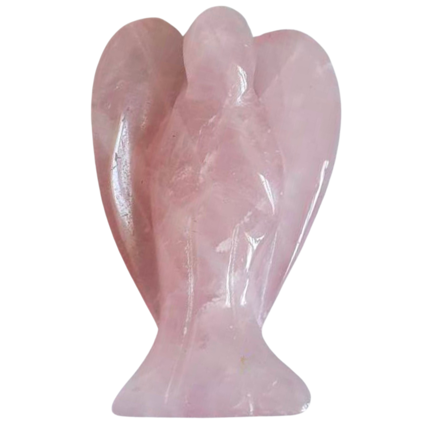 A polished pink rose quartz stone of unconditional love carved into the shape of an angel. The figure has wings extending slightly behind and a simple, abstract form without detailed facial features. This 1.5" Mini Rose Quartz Crystal Angel boasts a smooth, shiny surface with subtle variations in pink tones.