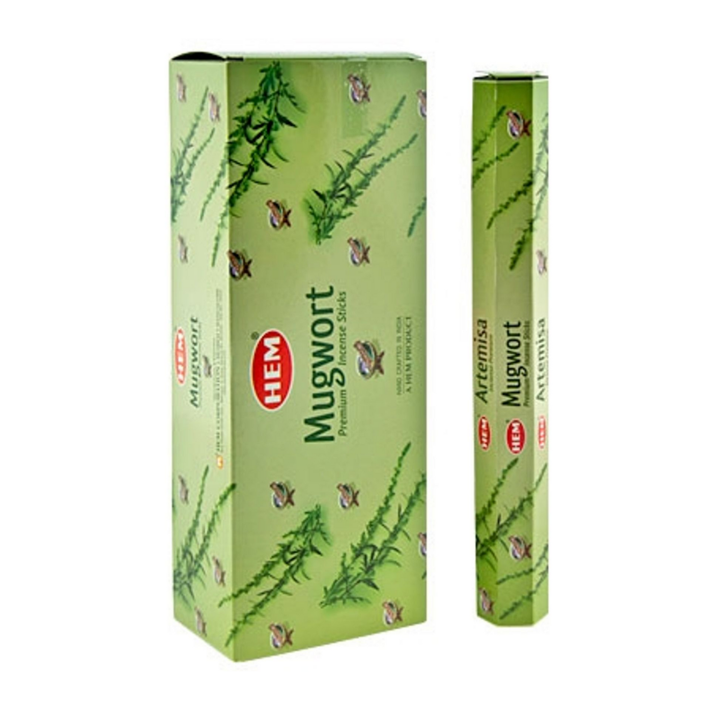 Image showing two boxes of Mugwort Incense Sticks, perfect for meditation. The light green boxes feature images of mugwort plants and bees. The larger box is on the left, while the smaller stands upright on the right. The HEM logo is present with the text "Mugwort Aromatic Incense Sticks.