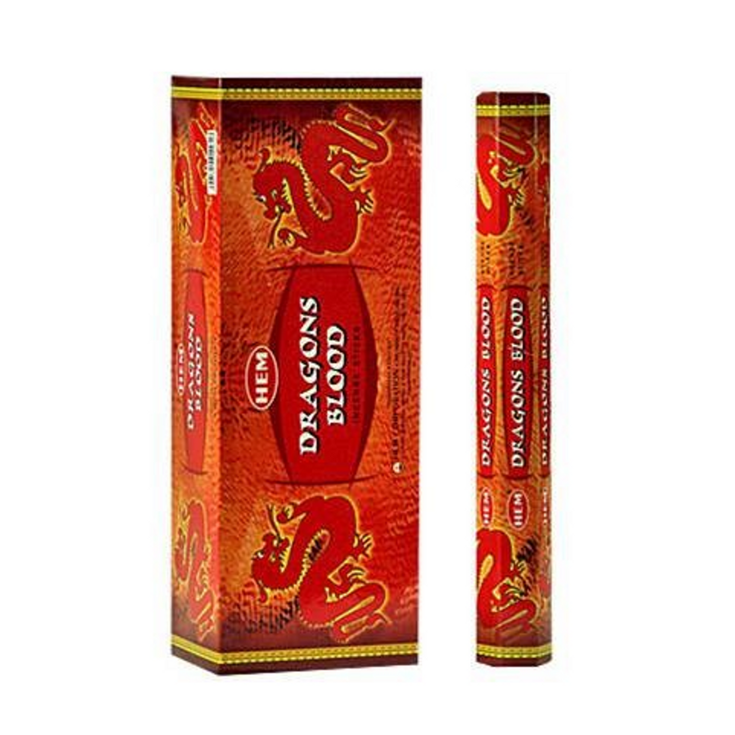 Image of a box and a tube of Dragon's Blood Incense Sticks, perfect for meditation yoga. The packaging features a red design with yellow dragons and a textured background. The rectangular box and cylindrical tube clearly showcase the product name, ideal for enhancing your witchcraft Wicca rituals.