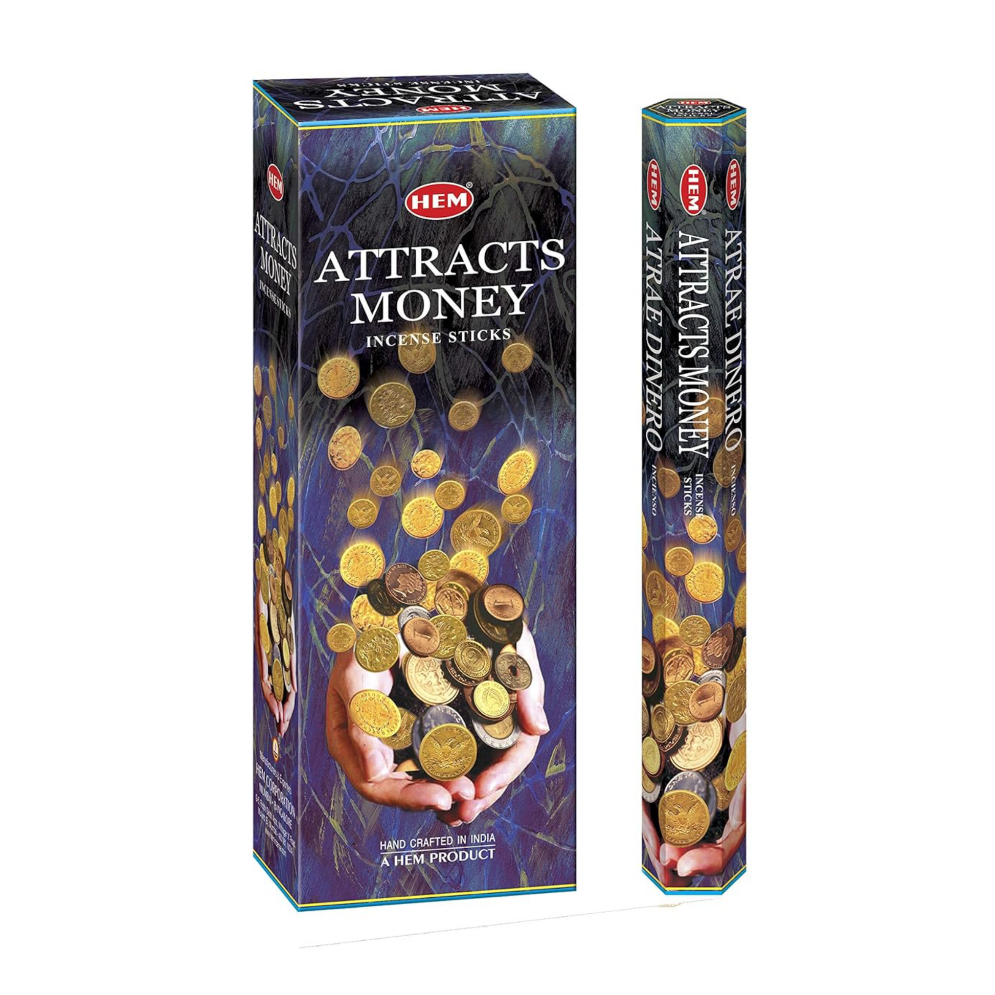 A box and pack of Attracts Money Incense Sticks are shown against a dark, patterned background. The box features images of various gold coins cascading downwards. Text on the box reads: "HEM" and "Attracts Money, Hand Crafted in India." Perfect for creating an aromatic environment conducive to meditation.