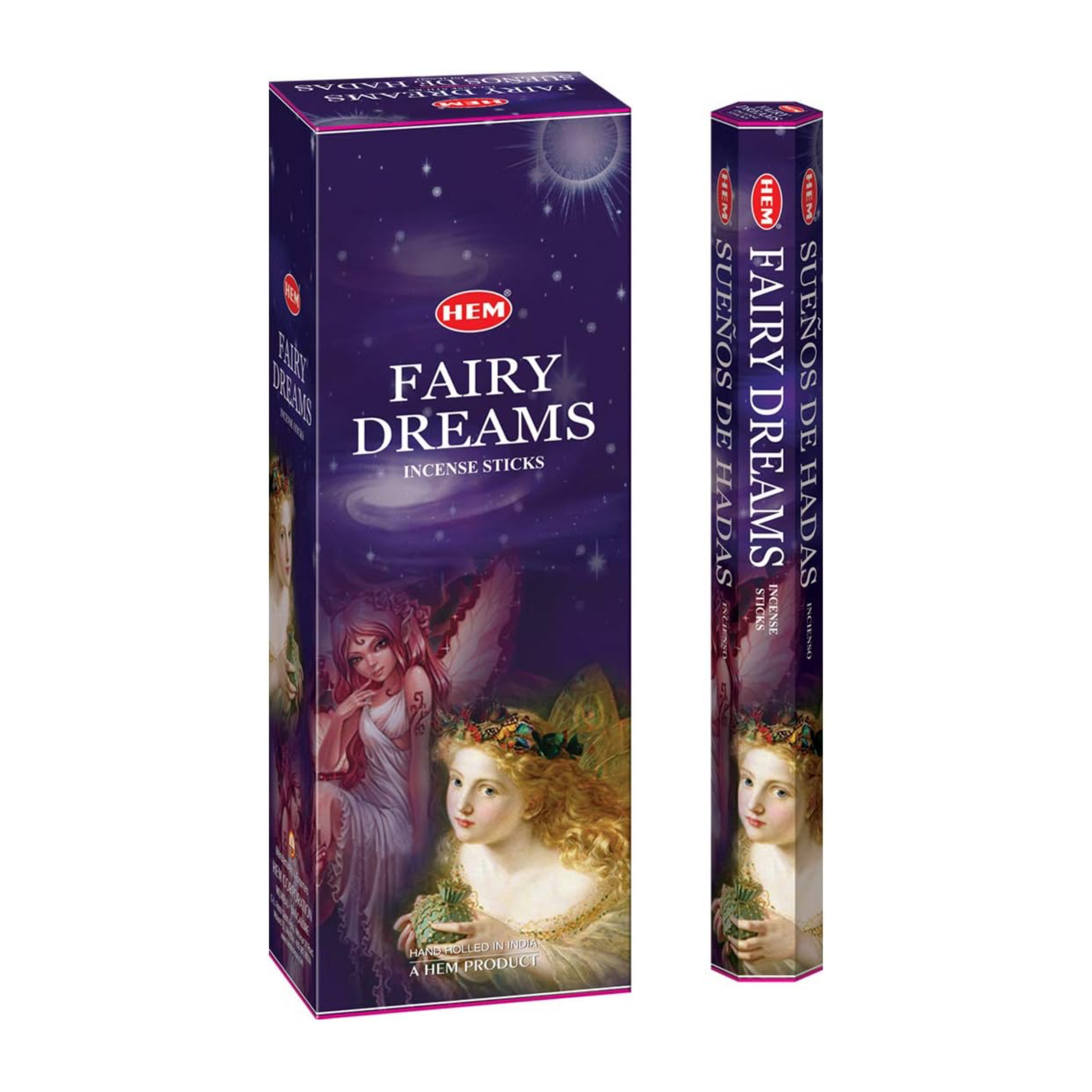 Box and pack of Fairy Dreams Incense Sticks. The box features an illustration of a fairy with wings and a crown among flowers on a mystical purple background. Text reads "A HEM PRODUCT" along with the product name in English and Spanish, perfect for enhancing your meditation with an aromatic environment.