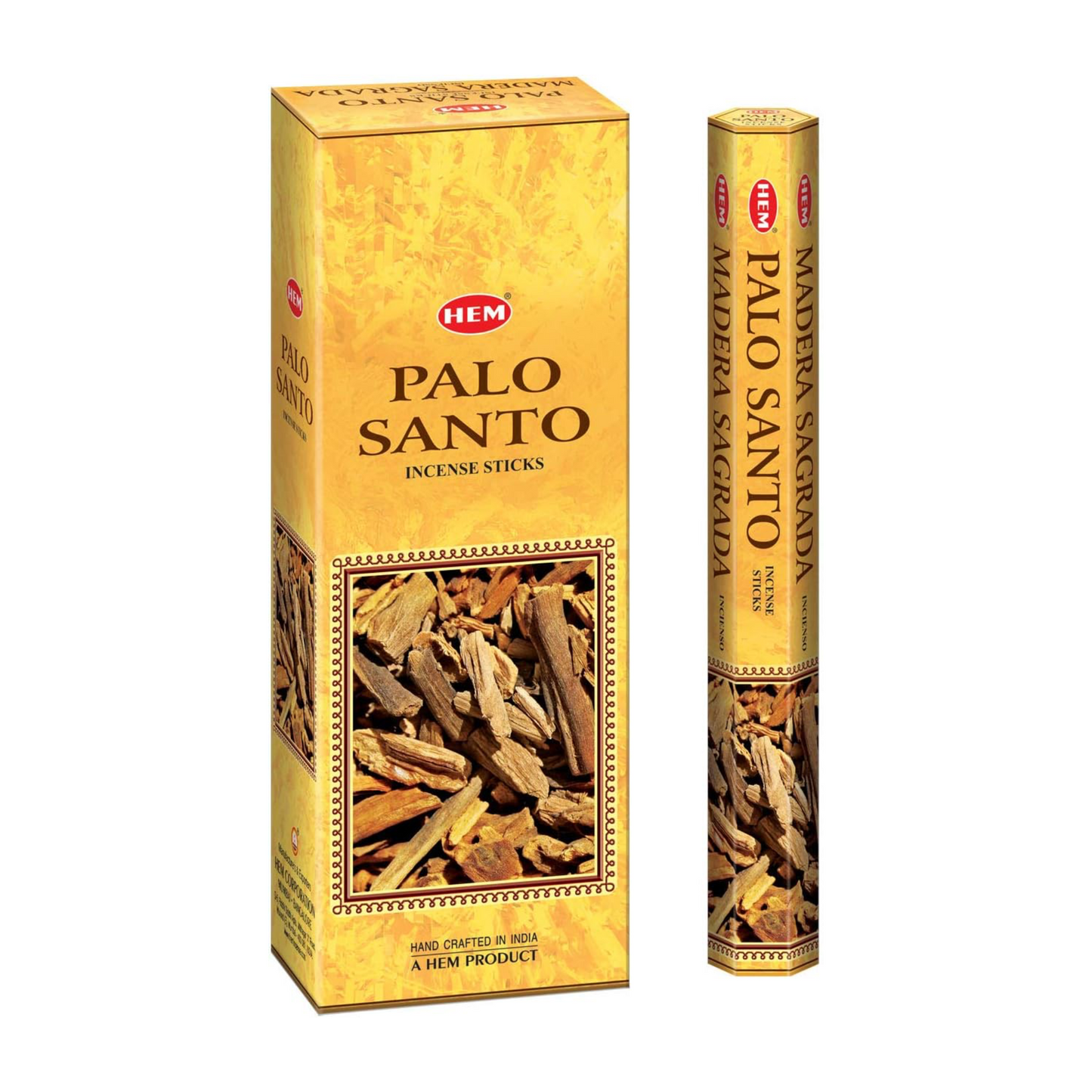 A standing rectangular box and a round container both labeled "Palo Santo Incense Sticks." The box displays an image of palo santo wood sticks, ideal for meditation, and text indicating the product is handcrafted in India. The round container is similarly branded and colored, perfect for enhancing your practice.