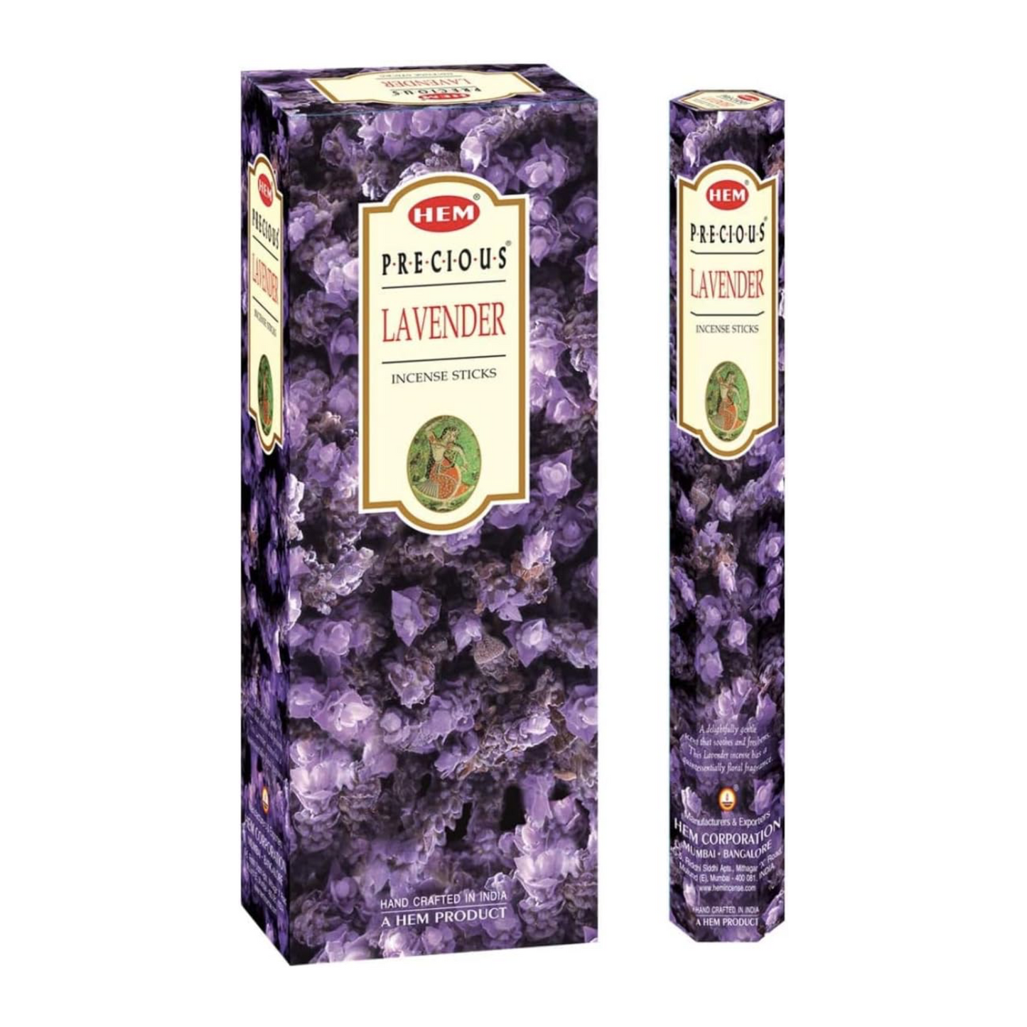 Image of Precious Lavender Incense Sticks packaging. The boxes are adorned with purple lavender blossoms, evoking a sense of relaxation. One box is large and rectangular, while the other is smaller and cylindrical. The text reads "Lavender" with a subtext "Incense Sticks.