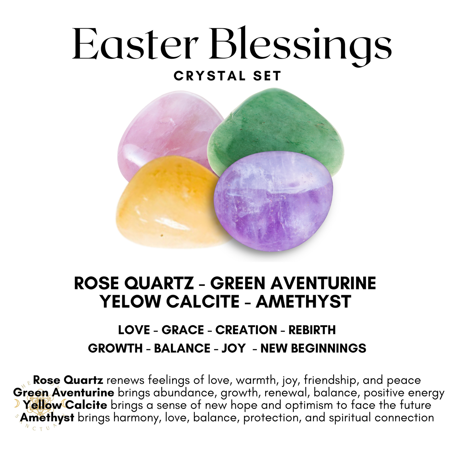 An image of an "Easter Crystal Kit" featuring four polished crystals: Rose Quartz, Green Aventurine, Yellow Calcite, and Amethyst. Each crystal is linked to concepts like love, growth, balance, joy, and spiritual energy in the accompanying text—an ideal Easter basket stuffer for a spiritual journey.