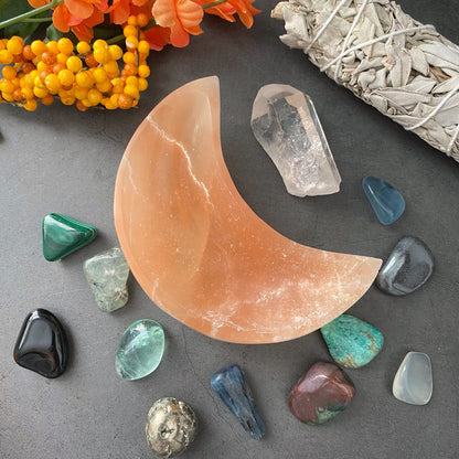 4" Orange Selenite Crescent Moon Bowl