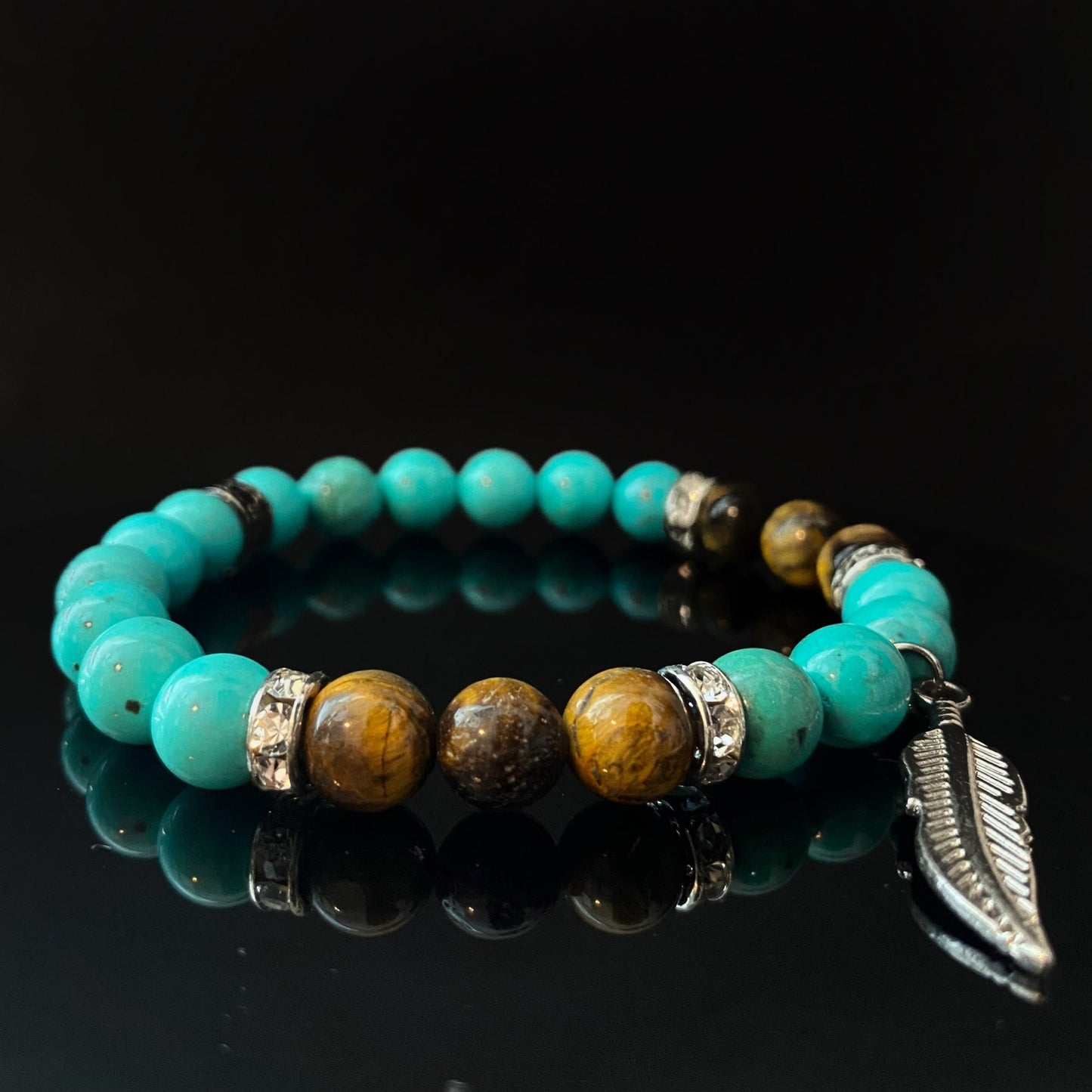 8mm Turquoise & Tiger Eye Beaded Bracelet with Feather Charm