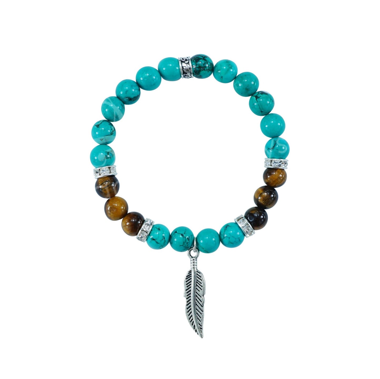 8mm Turquoise & Tiger Eye Beaded Bracelet with Feather Charm