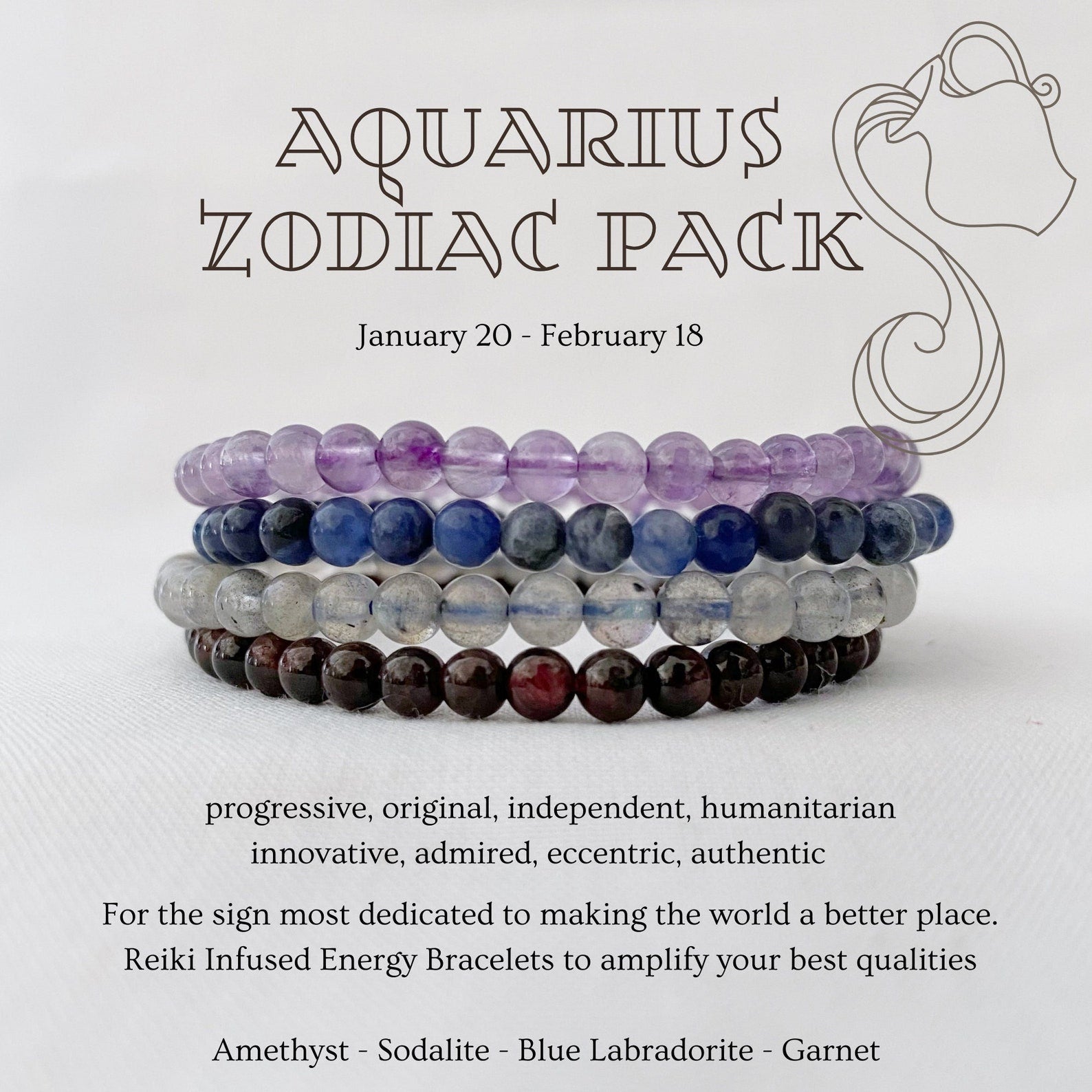 The image showcases an "Aquarius Beaded Bracelet Set" with four beaded bracelets stacked vertically. Highlighting the positive traits of Aquarius (January 20 - February 18), it features stones like Labradorite, Amethyst, Sodalite, and Garnet in each Aquarius Beaded Bracelet.