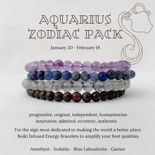 The image showcases an "Aquarius Beaded Bracelet Set" with four beaded bracelets stacked vertically. Highlighting the positive traits of Aquarius (January 20 - February 18), it features stones like Labradorite, Amethyst, Sodalite, and Garnet in each Aquarius Beaded Bracelet.