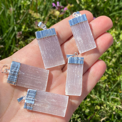 Raw Selenite Pendant with Silver Cap