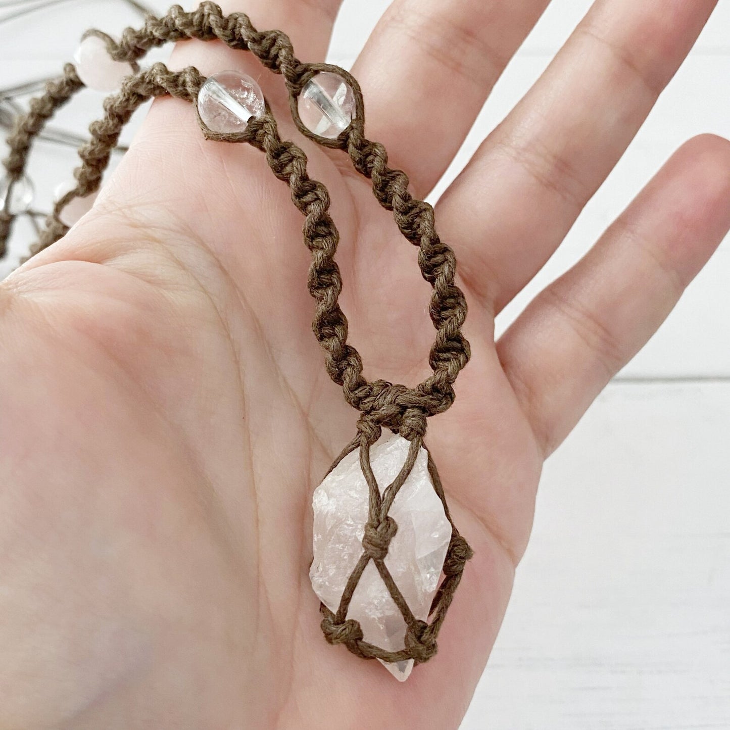 Rose Quartz Crystal Point Net Cord Necklace